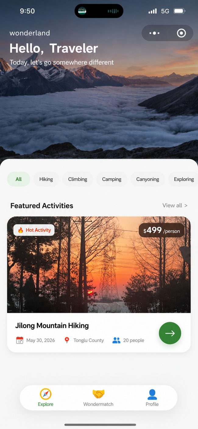 Wonderland outdoor activities app home screen